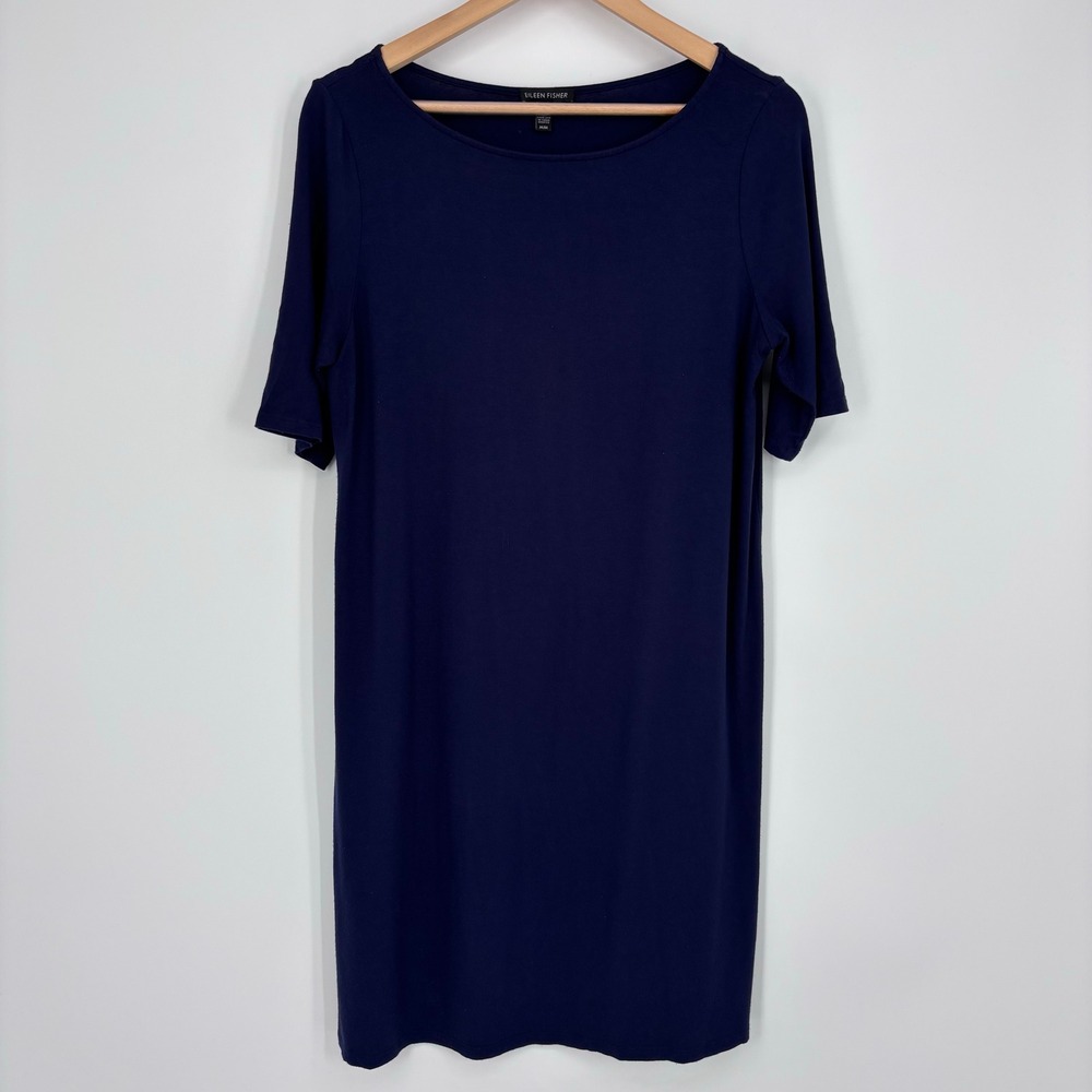 Eileen Fisher Jersey T-Shirt Dress Womens M Navy Blue Shift Mini Viscose Stretch